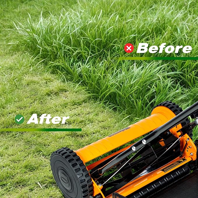Walensee 14-Inch 5-Blade Push Reel Lawn Mower, Cordless Manual Reel Lawn Mower Walk-Behind Steel Lawn Mowers with Removable 6.7-Gallon Grass Catcher, Sponge Grip, 4-Position Cutting Height Adjustment