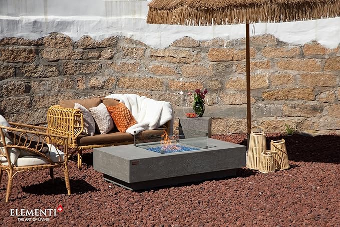 Elementi+ | Bundle Monte Carlo Gas Fire Pit Cast Concrete 60" Rectangular Fire Table | Electronic Ignition | Canvas Cover, Fire Glass and Burner Lid Included | Light Gray | Natural Gas