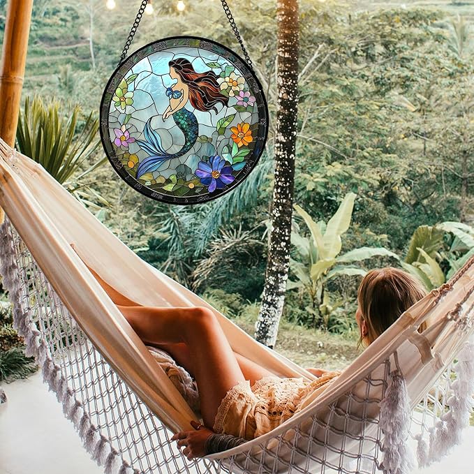 Stained Glass Window Hanging - Light Blue Mermaid Suncatcher for Door Terrace Garden Home Decor, Ocean Flowers Sun Catcher Birthday Gifts for Lovers Women Men Dad Mom Nana 6.3 in