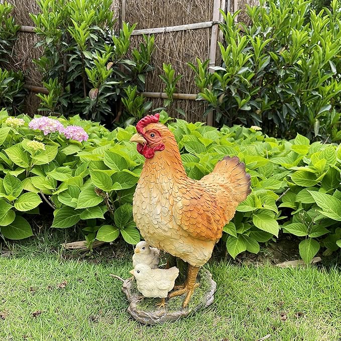 Garden Mother Hen and Baby Chick Statue Sculpture Standing Resin Farm Animal Decoration Chicken Sculpture Yard Art Outdoor Lawn Decoration 13.7'' High