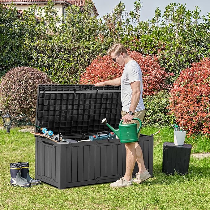 YITAHOME 120 Gallon Large Deck Box, Resin Outdoor Storage Box for Outdoor Pillows, Garden Tools and Pool Supplies, Waterproof, Lockable, Dark Gray