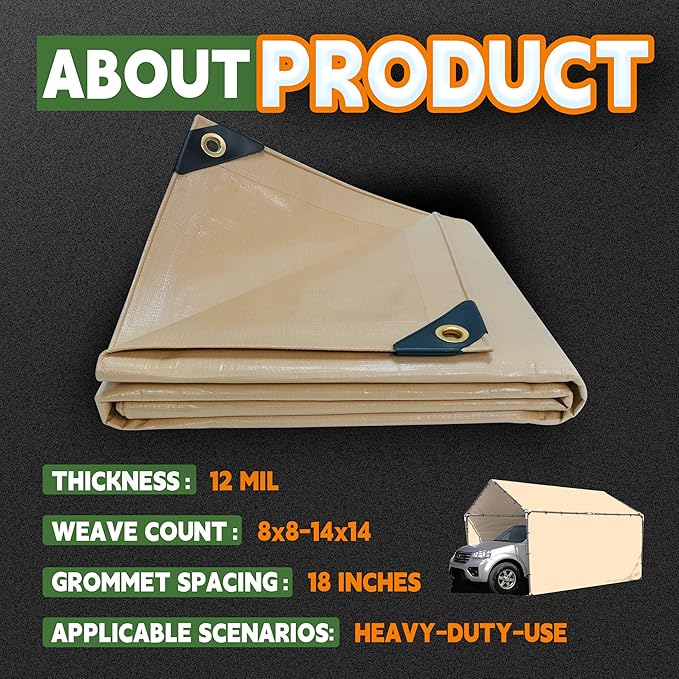 RAINDEWAY 20x30 Feet Heavy Duty Tarp,12 Mil Tan Waterproof Poly Tarp Cover,UV Resistant,Weatherproof,Durable,Multipurpose Tarps with Grommets and Reinforced Edges