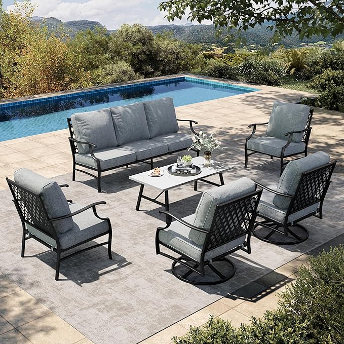 HERA'S HOUSE 6 Piece Patio Furniture Set, 2 x Swivel Chair, 2 x Fixed Chair, 1 x 3-Seat Sofa with Marbling Coffee Table, All Cushioned Outdoor Conversation Set for Lawn Garden Backyard, Grey