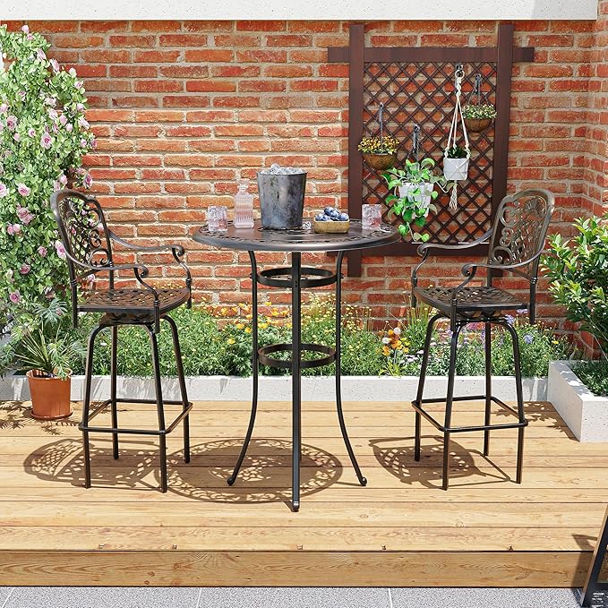 Pamapic 3-Piece Patio Swivel Bar Stools Set,Rustproof Cast Aluminum Patio Bar Sets 2,All-Weather High TopTable and Chairs Furniture Set Garden, Balcony, Bronze