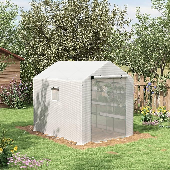 Outsunny 8' x 6' x 7' Walk-in Greenhouse with Mesh Door and Windows, 18 Shelf Green House with Trellis, Plant Labels, UV Protective for Growing Flowers, Herbs, Vegetables, Saplings, White