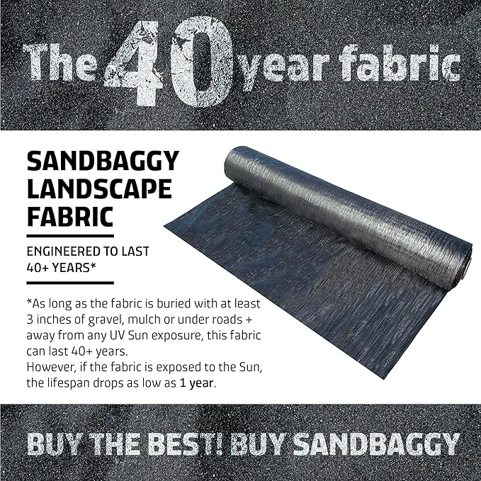 Sandbaggy 10 ft x 200 ft Landscape Fabric | 40 Year Fabric | for Weed Barrier, Ground Cover, Garden | Industrial Grade | 135 Lbs of Tensile | UV Protected | DOT Approved (10 Rolls - 10 ft x 200 ft)