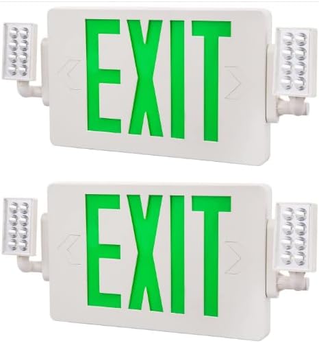 Spectsun 2 Packs Exit Signs with Emergency Lights,120-277VAC -LED Combo Emergency Light with Backup Battery-Double Face UL Listed Green Letter Exit Sign Lighting-Hard Wired-Fire Resistant