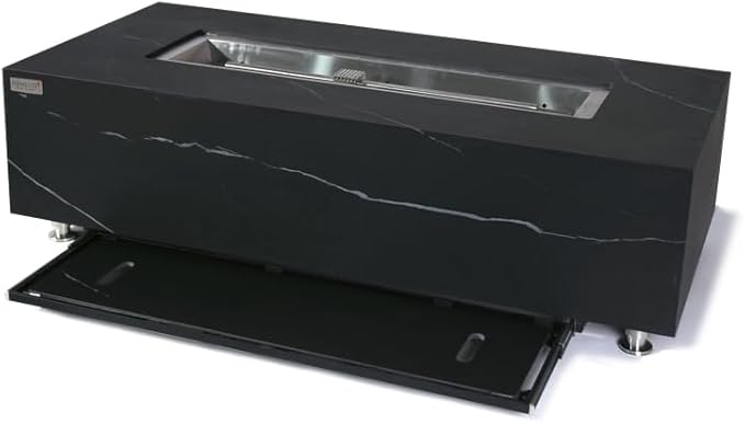 Elementi+ | Bundle Varna Gas Fire Pit | Marble Porcelain & Metal Frame | 60" Rectangular Fire Table | Electronic Ignition | Canvas Cover, Fire Glass & Burner Lid Included | Black | Natural Gas