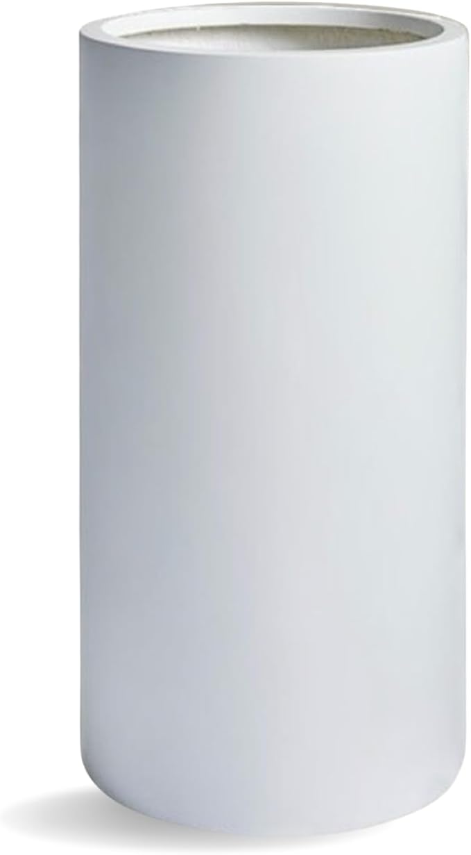 19.5"H x 9.8"D Tubo Fiberstone Cylinder Tall Planter with Drainage Hole, Smooth Finishes, Weather Resistant for Indoor and Outdoor Use, Included 2 Extra Coco Mats (White, 8.2" Pot Opening)