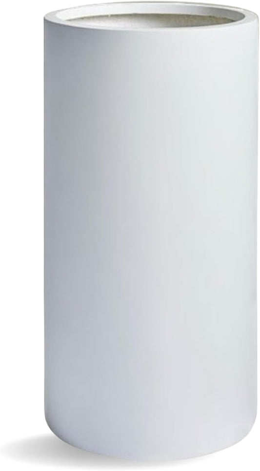 19.5"H x 9.8"D Tubo Fiberstone Cylinder Tall Planter with Drainage Hole, Smooth Finishes, Weather Resistant for Indoor and Outdoor Use, Included 2 Extra Coco Mats (White, 8.2" Pot Opening)