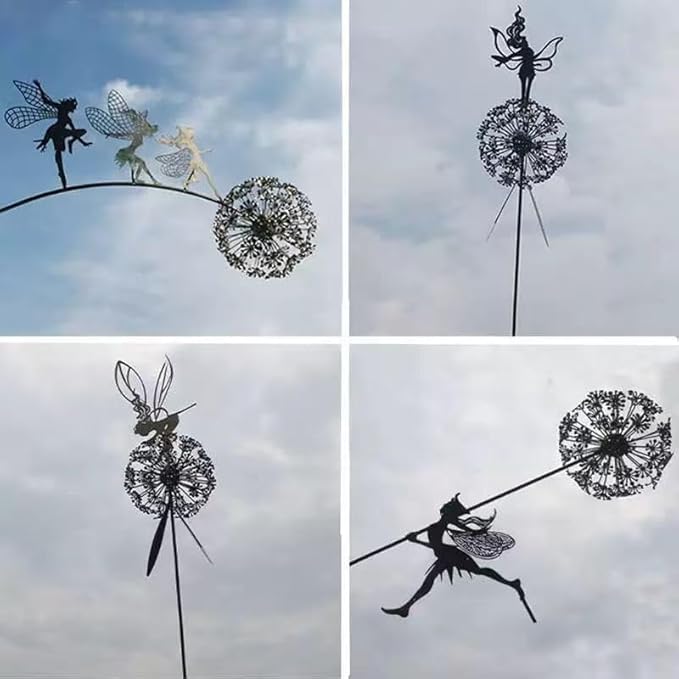 Flower Fairy Dancing with Dandelion, Art Sculpture Fairies for Fairy Garden, Angel Metal Ornaments Gardens Art Sculpture, Outdoor Decorations for The Courtyard, Christmas and Halloween Lawn (D)