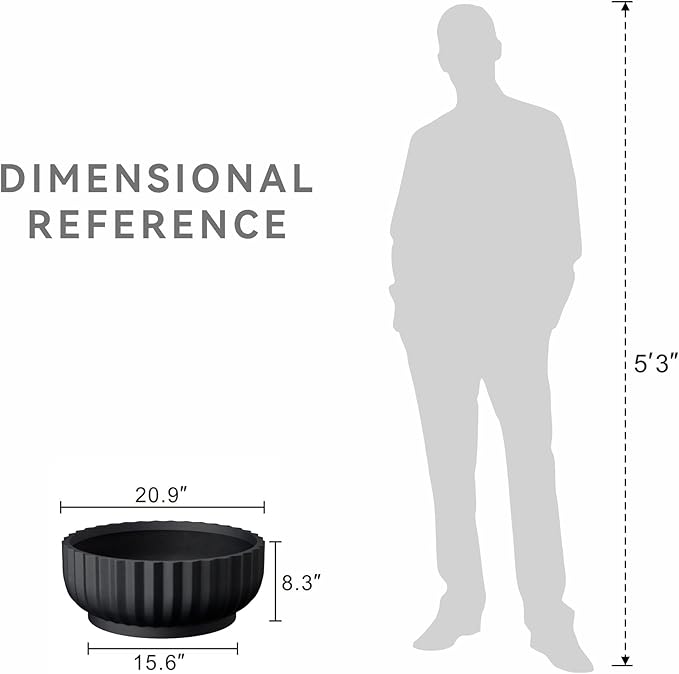 Kante Round Fulted Bowl Planter, 20.9 Inch Dia Large Concrete Flower Pots with Drainage Hole and Rubber Plug, Suitable for for Indoor Outdoor Plants, Home, Patio, Garden, Black