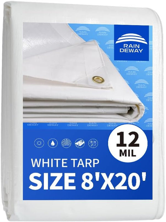 12 Mil Heavy Duty White Tarps 8' X 20', Extra Thick,Durable,Waterproof, UV Resistant, Weatherproof Poly Tarp,with Metal Grommets and Reinforced Edge (Finished Size)-by Raindeway