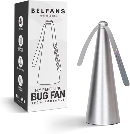 FlyRepellent Fan for Tables – USB Powered/AA Battery Powered, Soundless Fly Swatter with Holographic Blades – Portable Fly Fan for Bees, Wasps & Outdoor Use (1, Silver)