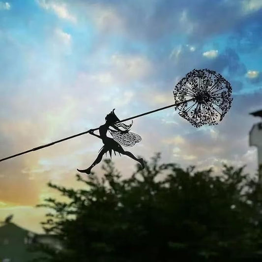 Flower Fairy Dancing with Dandelion, Art Sculpture Fairies for Fairy Garden, Angel Metal Ornaments Gardens Art Sculpture, Outdoor Decorations for The Courtyard, Lawn and Terrace (A)