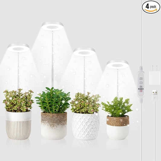 GYTF Halo Plant Grow Light, 6000K White LED Full Spectrum Growing Lamp for Indoor Plants, Succulents, Mini Bonsai, Small Plants, Height Adjustable, Dimmable & Timer 4/8/12/18Hrs,4 Pack
