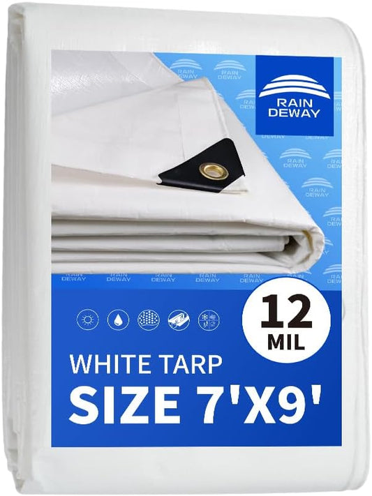 RAINDEWAY 12 Mil Heavy Duty White Tarp 7x9 Feet, UV Resistant, Waterproof, Weatherproof Poly Tarp with Metal Grommets and Reinforced Edges