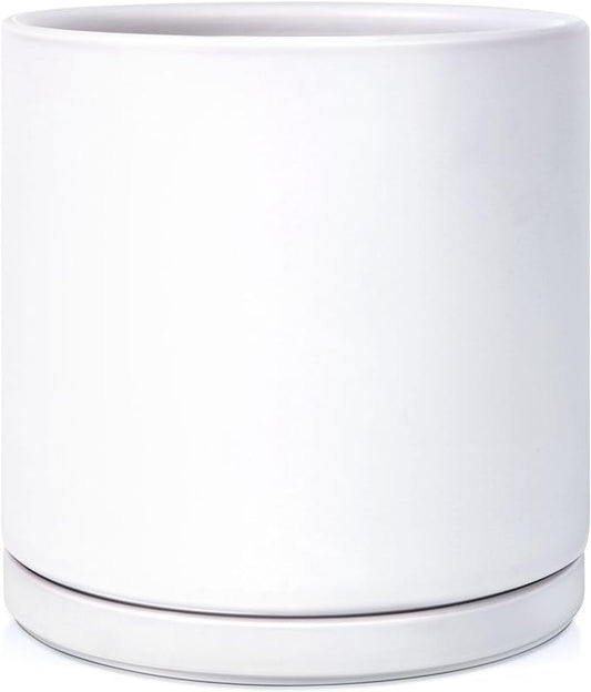 Kazeila Plant Pots Ceramic Planter for Indoor Outdoor Plants Flowers 10 Inch Matte White Large Cylinder Flower Pot with Saucer and Drainage Hole,Glazed Finish Interior and Exterior
