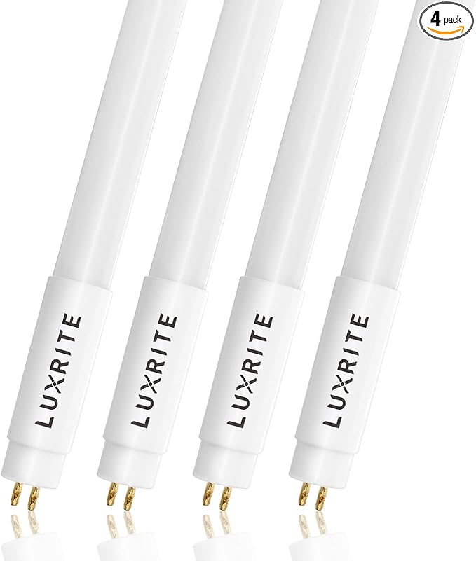 LUXRITE 4FT T5 LED Tube Lights, Type A+B, 24W=54W, 3500K Natural White, 45.78", Ballast and Ballast Bypass Compatible, Single or Double End Powered, F54T5 Fluorescent Replacement, Damp Rated (4 Pack)