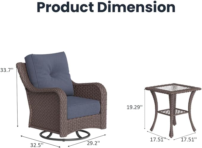 6 Pieces Outdoor Patio Furniture Sets with Rocking Swivel Chairs with 6-inch Thick Cushion and Side Table for Deck Lawn