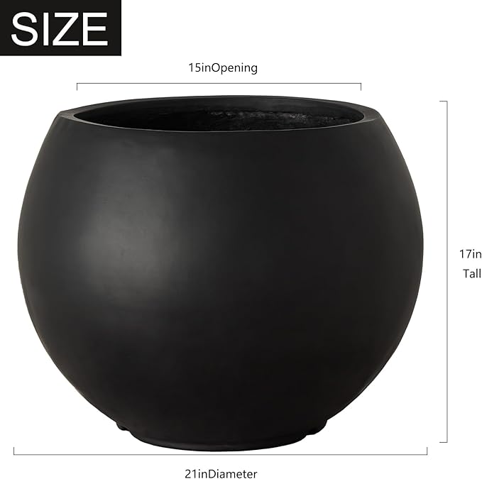 17 H x 21" Dia (15" Pot Opening) Round Fiberstone Planter with Drainage Hole, Black, Indoor/Outdoor Large Plant Pot for Home Patio Garden, Ideal for Large Plants