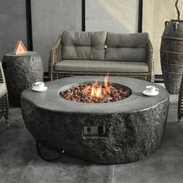 Elementi | Boulder Gas Fire Pit Cast Concrete Semi-Round Fire Table, Outdoor Fire Pit Electronic Ignition | Canvas Cover, Lava Rock Included | Propane Gas