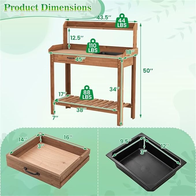 ARNOT Potting Bench,Outdoor Potting Bench Table with Sink and Storage Shelves, Wooden Garden Workstation for Gardening Tools, Planting, and Repotting – Natural Fir Wood (38" x 17" x 50")