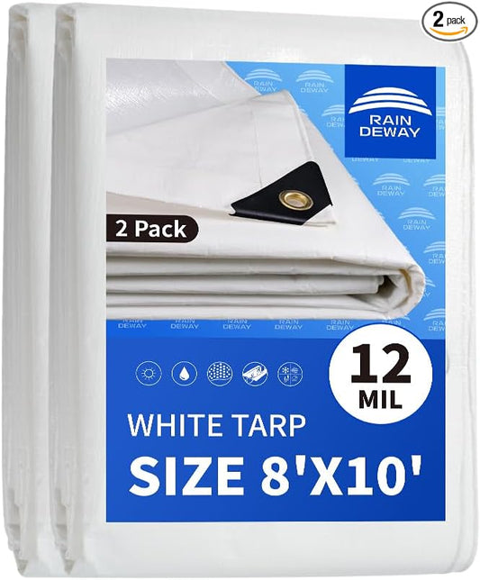 RAINDEWAY 12 Mil Heavy Duty White Tarp 8x10 Feet (2 Pack), UV Resistant, Waterproof, Weatherproof Poly Tarp with Metal Grommets and Reinforced Edges
