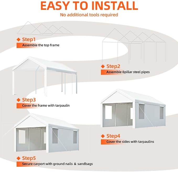 Carport, 12x20 ft White Heavy Duty Carport with Roll-up Windows, Portable Garage with Removable Sidewalls & Doors, Car Canopy and All-Season Tarp for Car Boat Truck Motorcycle