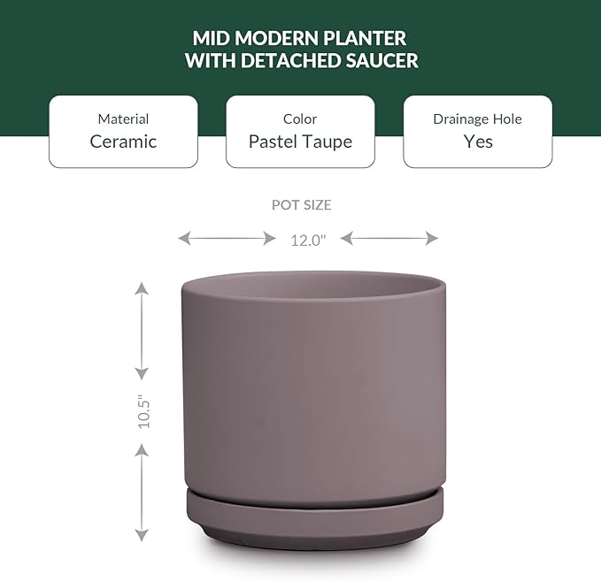 Mid Modern Planter with Detached Saucer (Pastel Taupe,12.0" D x 10.5" H)