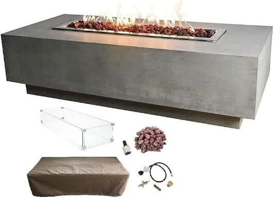 Elementi Granville Gas Fire Pit Cast Concrete Fire Table, Outdoor Fire Pit Electronic Ignition | Canvas Cover, Lava Rock Included | Free AMS Wind Guard | Light Gray (Propane Gas)