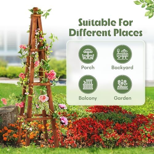 Idzo 61-Inch Wood Obelisk Trellis for Climbing Plants – Heavy-Duty Wooden Garden Trellis for Outdoor & Indoor Decor, Easy Assembly, Space-Saving Plant Support for Patio, Yard, and Planters
