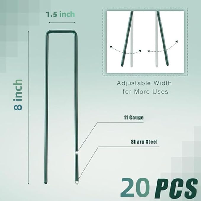 8 inch 20 Pack Green Galvanized Landscape Staples 11 Gauge Garden Stakes Pins Anti-Rust Ground Stakes U-Shaped Tent Stakes are Used for Weed Barrier, Irrigation Tubing, Yard Lawn, Landscape Fabric