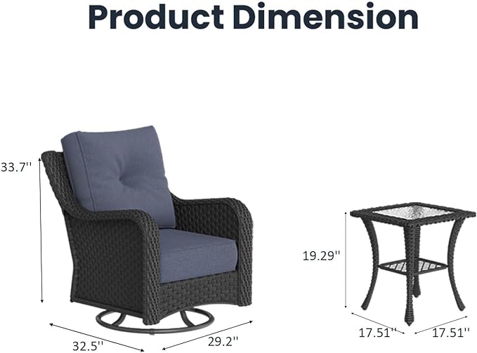 3 Pieces Outdoor Patio Furniture Sets with Rocking Swivel Chairs with 6-inch Thick Cushion and Side Table for Deck Lawn