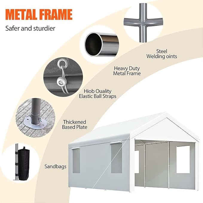 Carport, 12x20 ft White Heavy Duty Carport with Roll-up Windows, Portable Garage with Removable Sidewalls & Doors, Car Canopy and All-Season Tarp for Car Boat Truck Motorcycle
