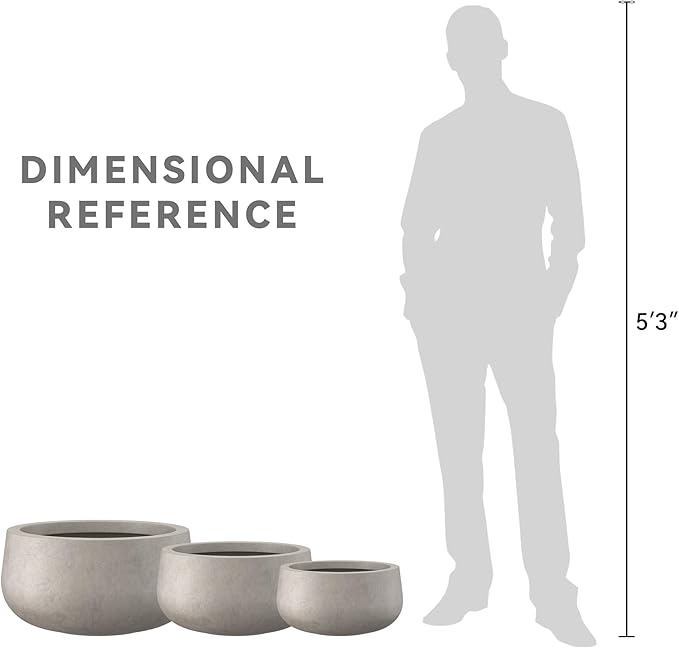 Kante 19.6",15.7",11.8" Dia Round Concrete Planters Set of 3, Outdoor Indoor Garden Plant Pots with Drainage Hole and Rubber Plug, Modern Curvaceous Design, Weathered Concrete