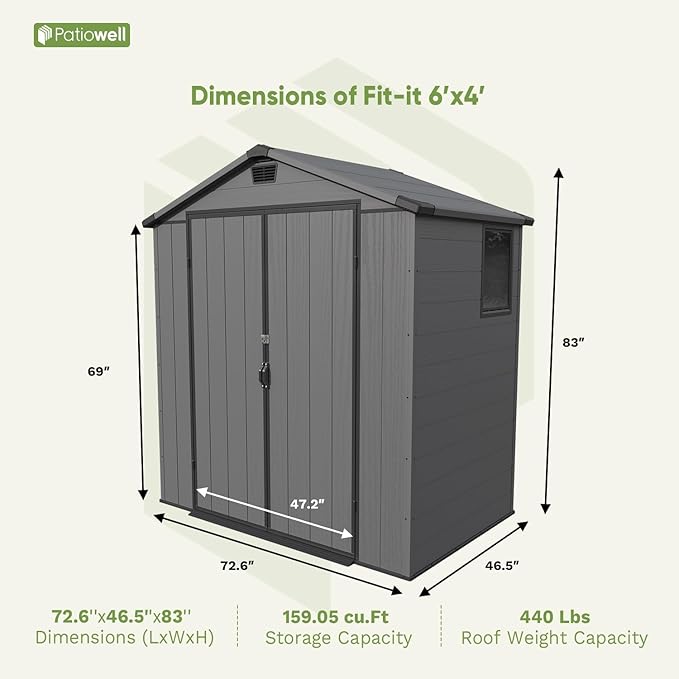 Patiowell 6 x 4 FT Plastic Outdoor Storage Shed with Floor, Resin Outside Tool Shed with Window and Lockable Door for Backyard, Garden, Tool Storage Use, Easy to Install, Dark Grey