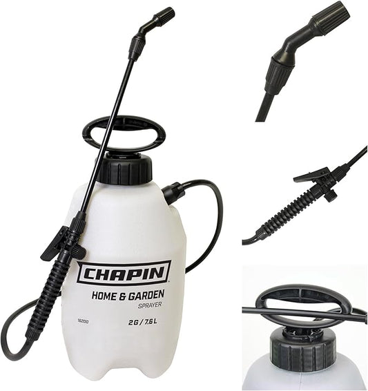 Chapin 16200 2-Gallon Made in USA Garden Pump Sprayer with Ergonomic Handle, Trigger Shut Off, Adjustable Cone Nozzle and in-Tank Filter, for Spraying Weeds, Insects, Fertilizers, Translucent White