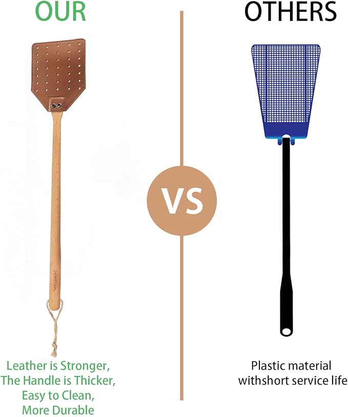 Leather Fly Swatter - Heavy Duty Manual Fly Swatter with Wood Handle, Durable Leather Fly Swatter for Indoor and Outdoor Use (Brown)