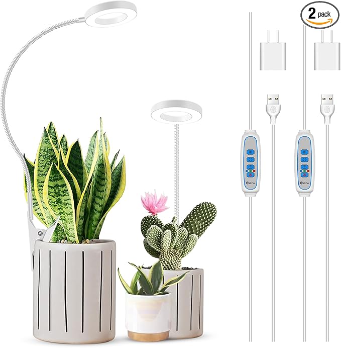 Plant Light Clip on 2 Pack, 6000K White Full Spectrum Plant Lights for Indoor Growing, Halo Grow Lamp with 360° Gooseneck, 6/12/16H Timer, 3 Light Modes, 5 Level Dimmable