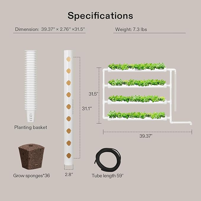 VIVOSUN Wall-Mounted Hydroponic Grow Kit, 1 Layers 36 Plant Sites 4 Food-Grade PVC-U Pipes Hydroponics Planting System with Water Pump, Pump Timer, Nest Basket and Sponge for Leafy Vegetables