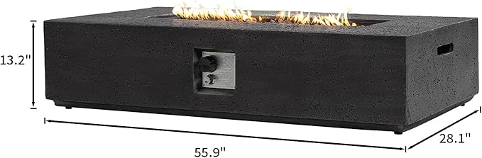 SUNBURY Outdoor Fire Pit, 56" Rectangle Propane Gas Patio Fire Table 50,000 BTU Concrete Travertine Design, CSA Certified, Low Firepit Table with Lava Rocks, Waterproof Cover (Grey)