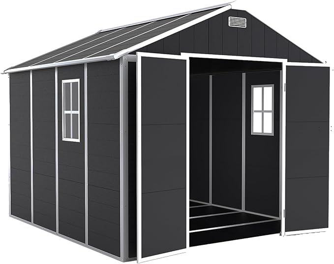 8x8 FT Resin Storage shed, Outdoor Storage Sheds with Floor, Window, Lockable Doors and Vents, 12mm Thick pp Board, Large Storage Space Tool Shed for Lawn, Backyard, Patio (Dark Gray, 8 * 8ft)