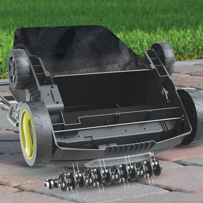 Sun Joe Electric Lawn Dethatcher & Scarifier w/ 13.2-Gal Bag, 15 Amp, 15 Inch, Black/Green - Heavy-Duty Corded Gardening Machine and Equipment for Lawn, Yard, and Grass, AJ808E