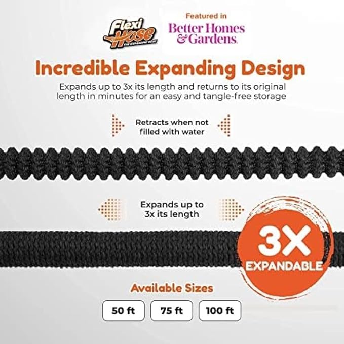 Flexi Hose Lightweight Expandable Garden Hose, No-Kink Flexibility, 3/4 Inch Solid Brass Fittings and Double Latex Core (150 FT, Black)