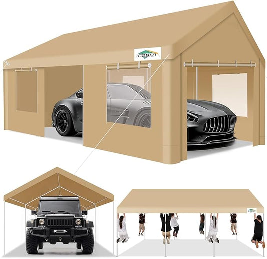 COBIZI Carport 12x20ft Heavy Duty Portable Garage, 2.0 Powder Coated Frame(Better Than Galvanized), Waterproof Shelter with Removable Sidewalls & Windows, Built-in Sandbags, for Car/Boat/SUV, Khaki