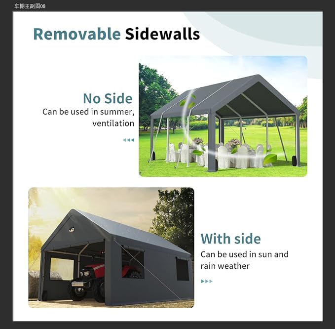 10x16FT Heavy Duty Carport Canopy,Extra Large Portable Car Tent Garage with Roll-up Windows and All-Season Tarp Cover,Removable Roof&Side Wall for Car, SUV,Boats&Truck Shelter Logic Storage