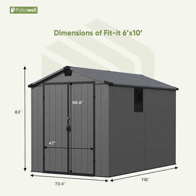 Patiowell 6 x 10 FT Outdoor Plastic Storage Shed with Floor - Lockable Resin Tool Shed, 2 Windows, Easy Assembly for Garden/Backyard (Dark Grey)