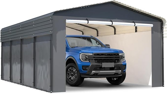 10x15 Ft Carport with Galvanized Steel Roof, Heavy Duty Metal Canopy, Waterproof Outdoor Storage Shed for Car, Boat, Pickup and Tractors