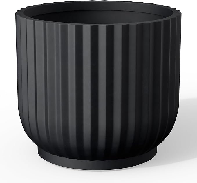 Kante Round Fulted Planter, 11 Inch Dia Large Concrete Plant Pots with Drainage Hole and Rubber Plug, Modern Decor for Indoor Outdoor Plants, Flower, Black